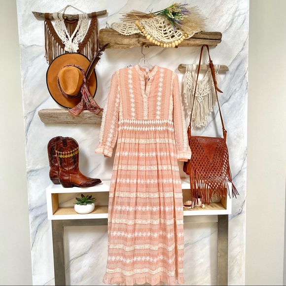 Vintage Dresses & Skirts - Stunning RARE 1970s Maxi prairie/country Boho dress w crochet/lace embroidery